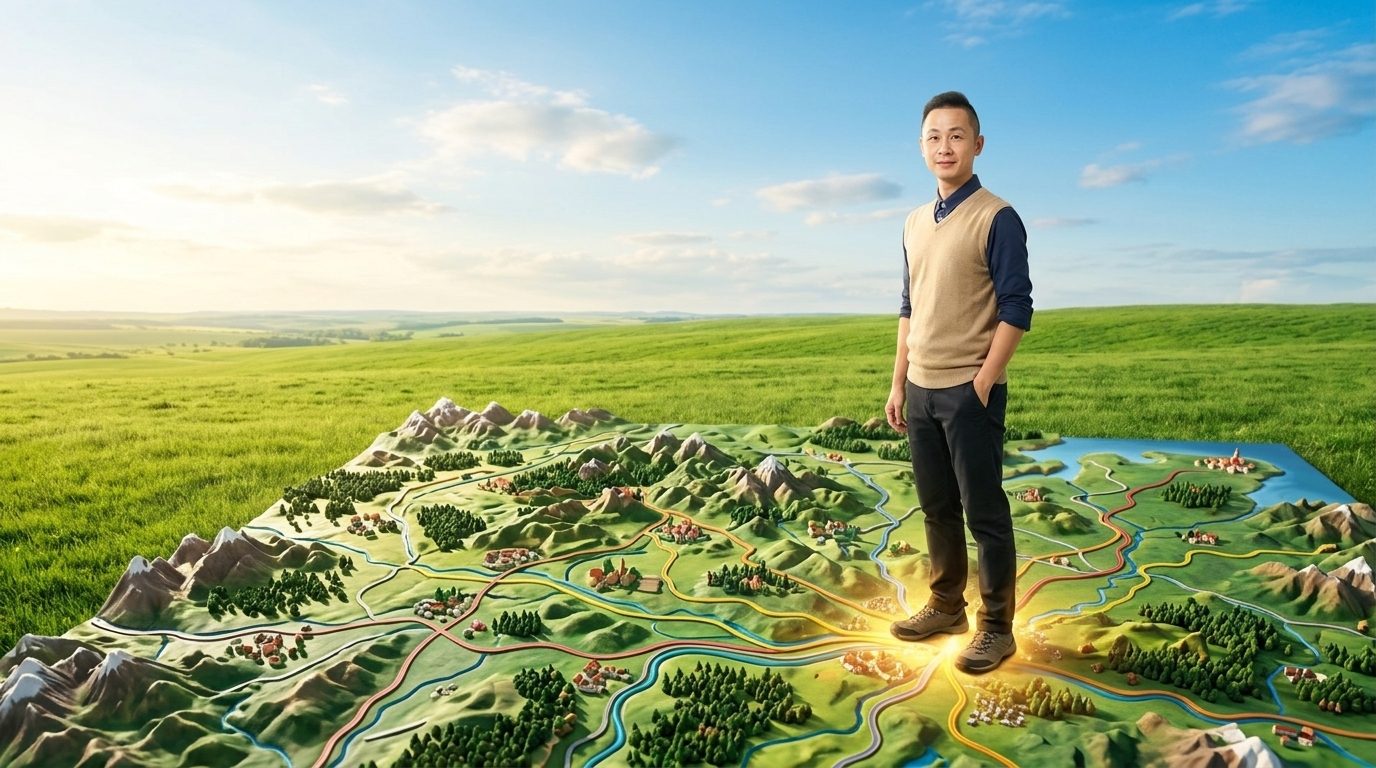 晴天站在立體地圖上的創業者
